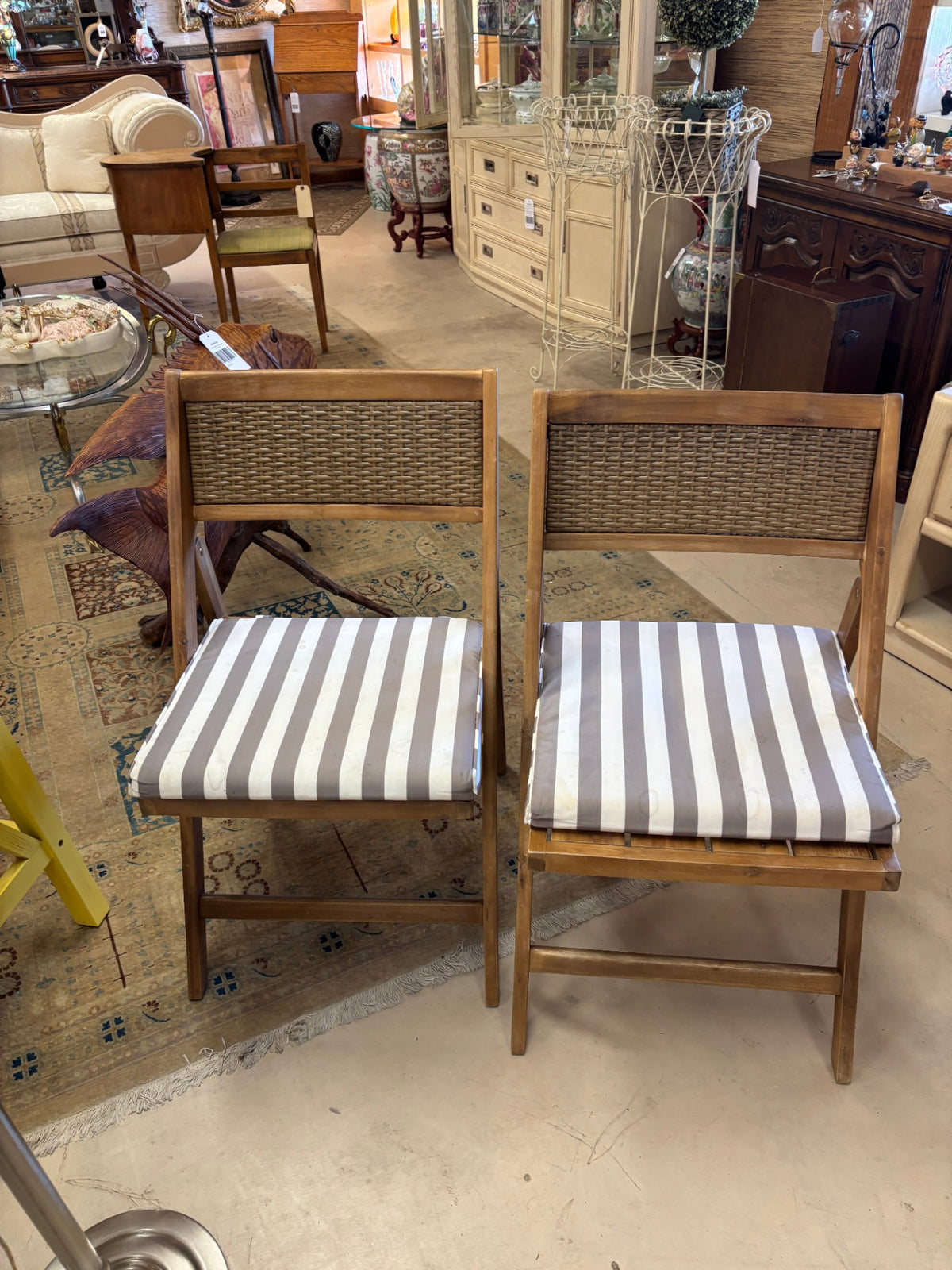 Rustic Wood & Woven Rattan Dining Chair with Striped Seat Cushions