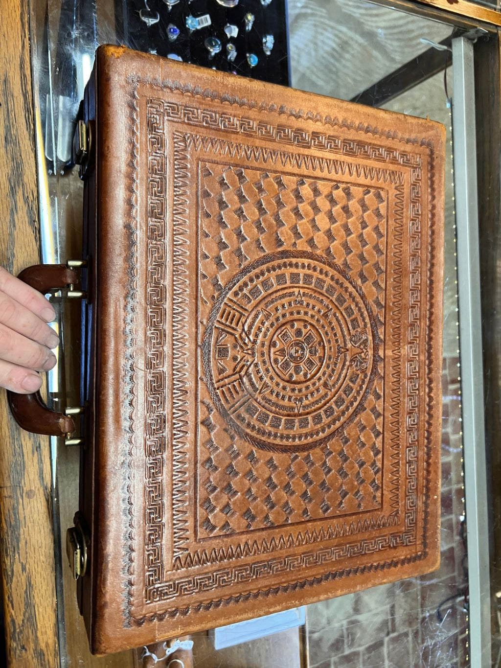 Vintage Mexican Tooled Leather Briefcase – Aztec Mayan Pyramid & Calendar Design