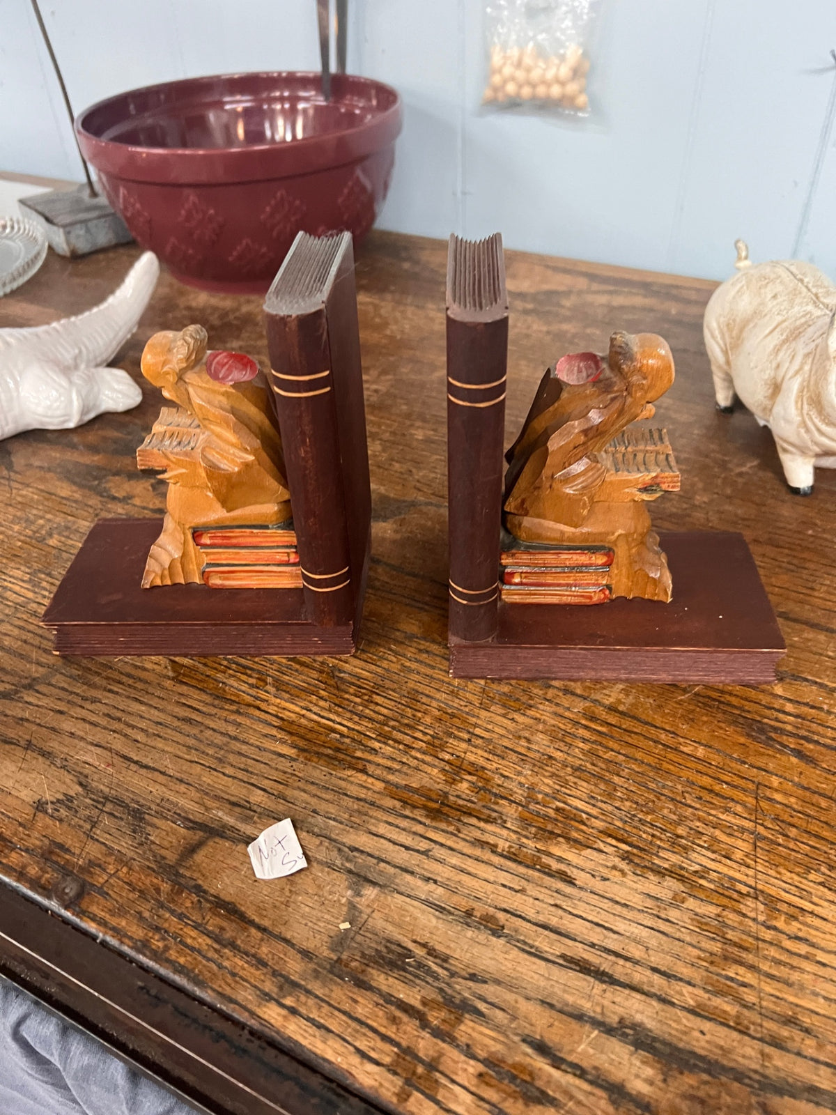 Vintage Hand Carved Monks Reading, Sitting on Books Wooden Bookends