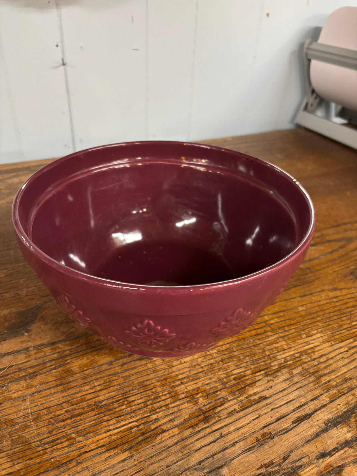 Vintage Burgundy Ceramic Mixing Bowl with Embossed Floral Design