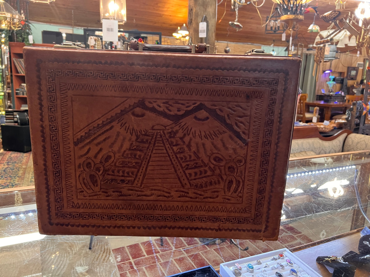 Vintage Mexican Tooled Leather Briefcase – Aztec Mayan Pyramid & Calendar Design