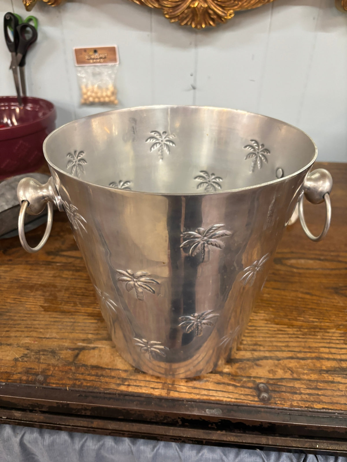 Vintage Silver-Tone Palm Tree Champagne Ice Bucket with Ring Handles – Tropical Coastal Barware