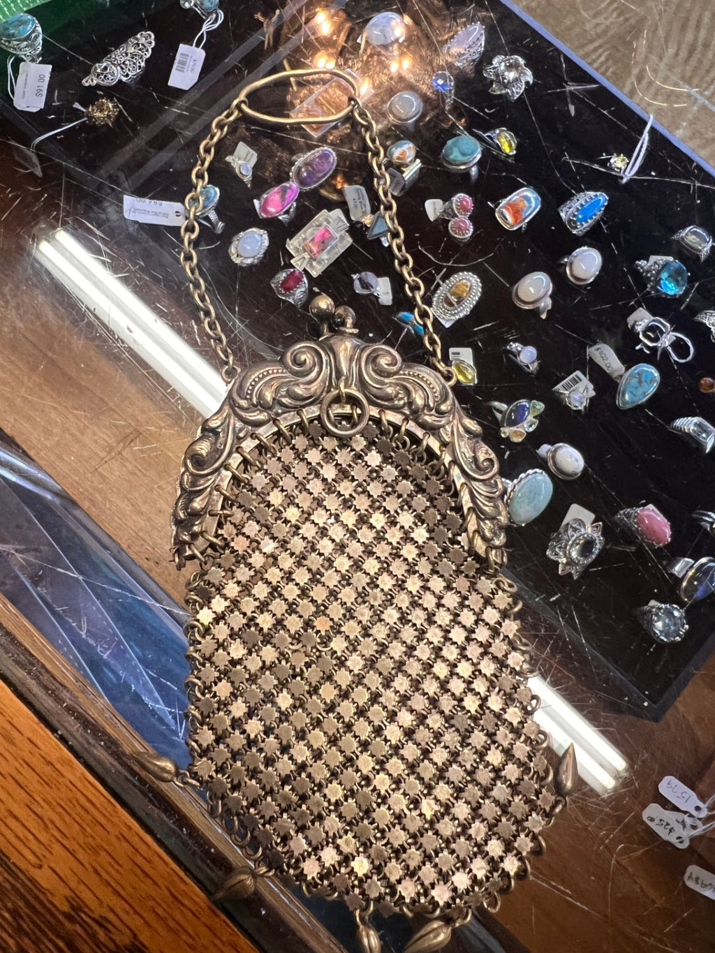 Vintage German Silver Mesh Coin Purse – Ornate Floral Metal Evening Bag
