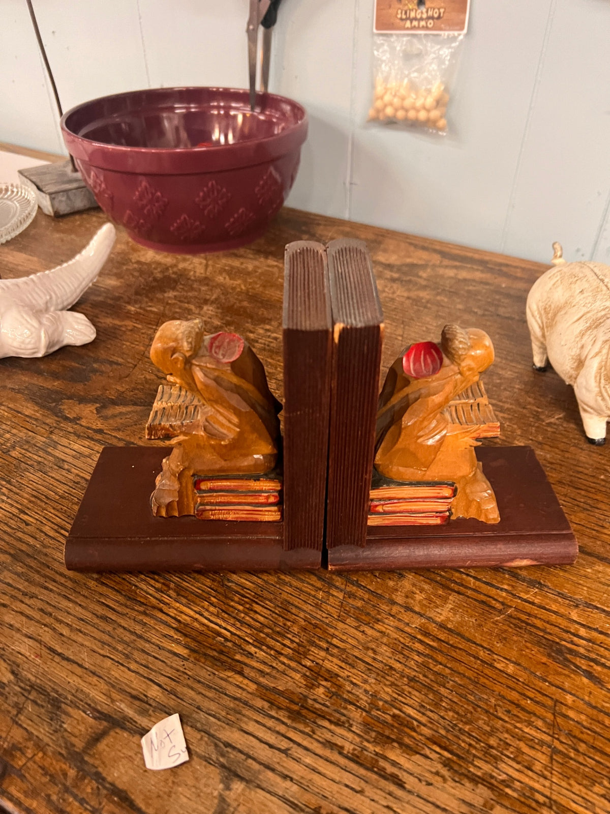 Vintage Hand Carved Monks Reading, Sitting on Books Wooden Bookends
