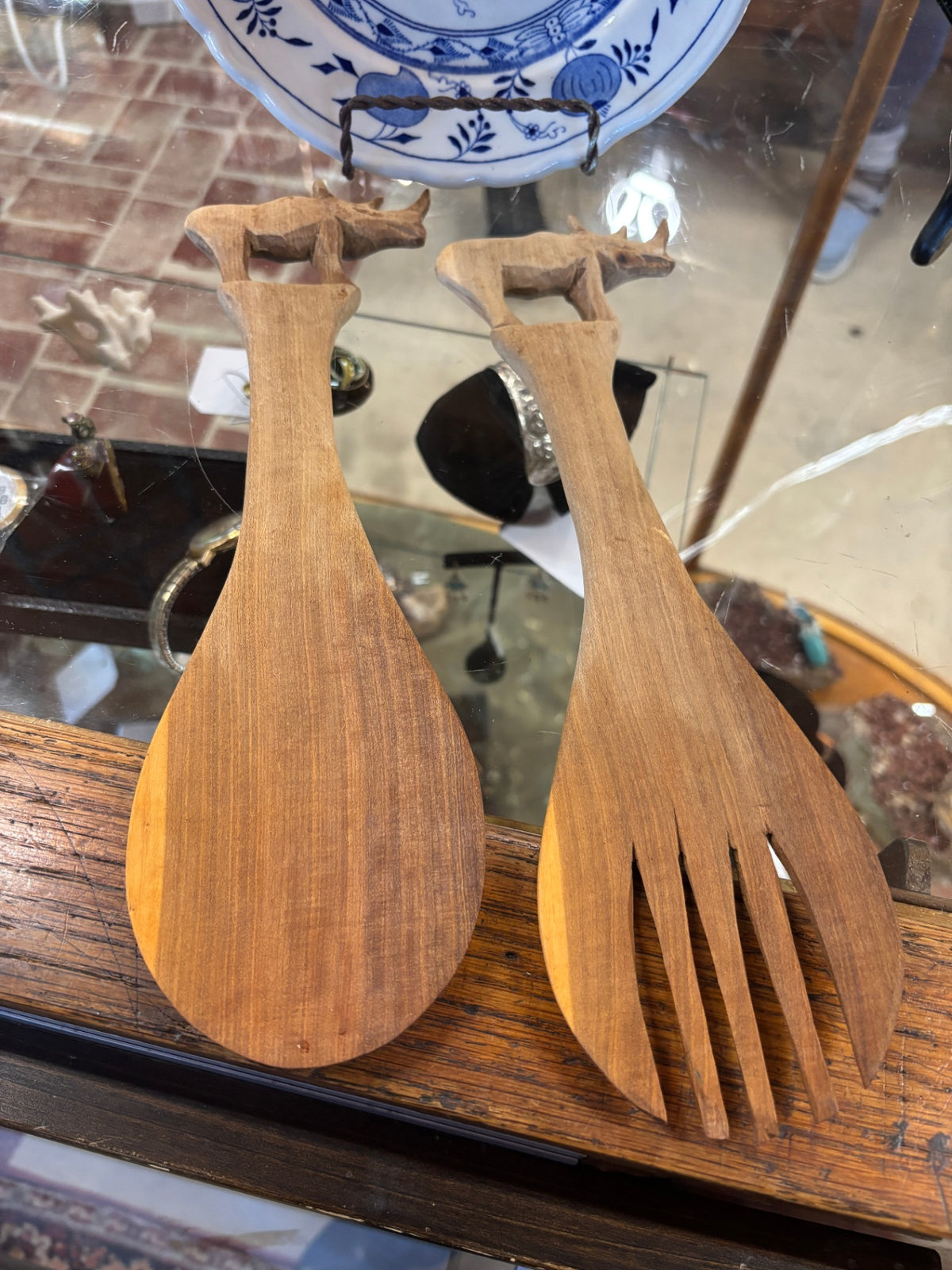 Vintage Carved Wood - Rhinoceros Animal Serving Spoon Fork Set