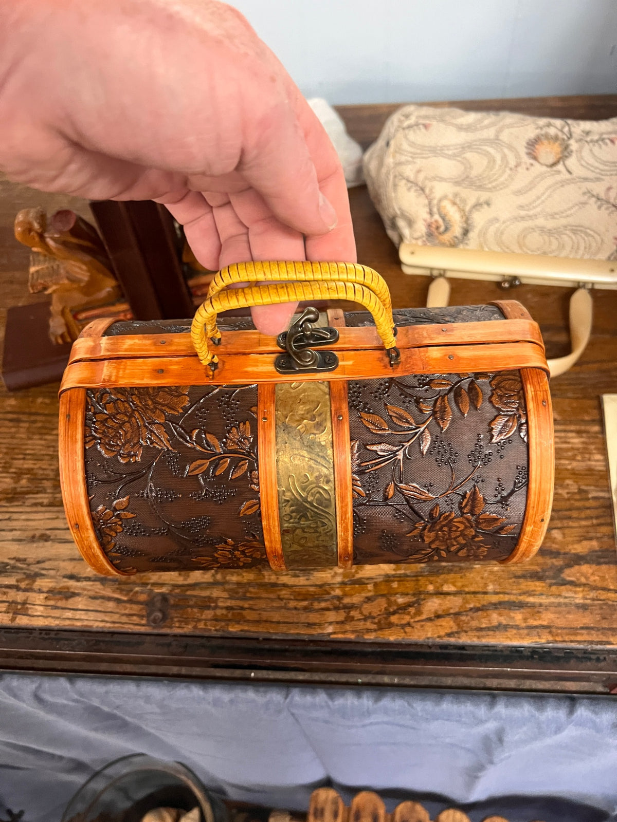 Wooden Exterior Floral Clutch Purse