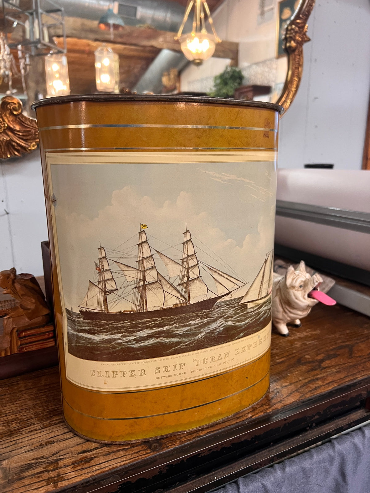 Vintage Clipper Ship “Ocean Express” Oval Metal Wastebasket – Nautical Maritime Decor