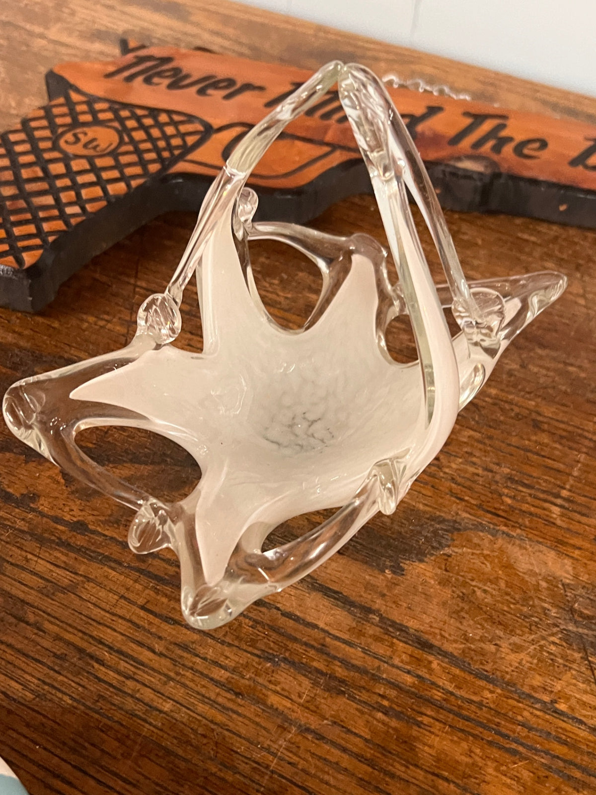 Hand Blown Art Glass Bowl White & Clear With Handle 8.5” X 9” X 6” Beautiful