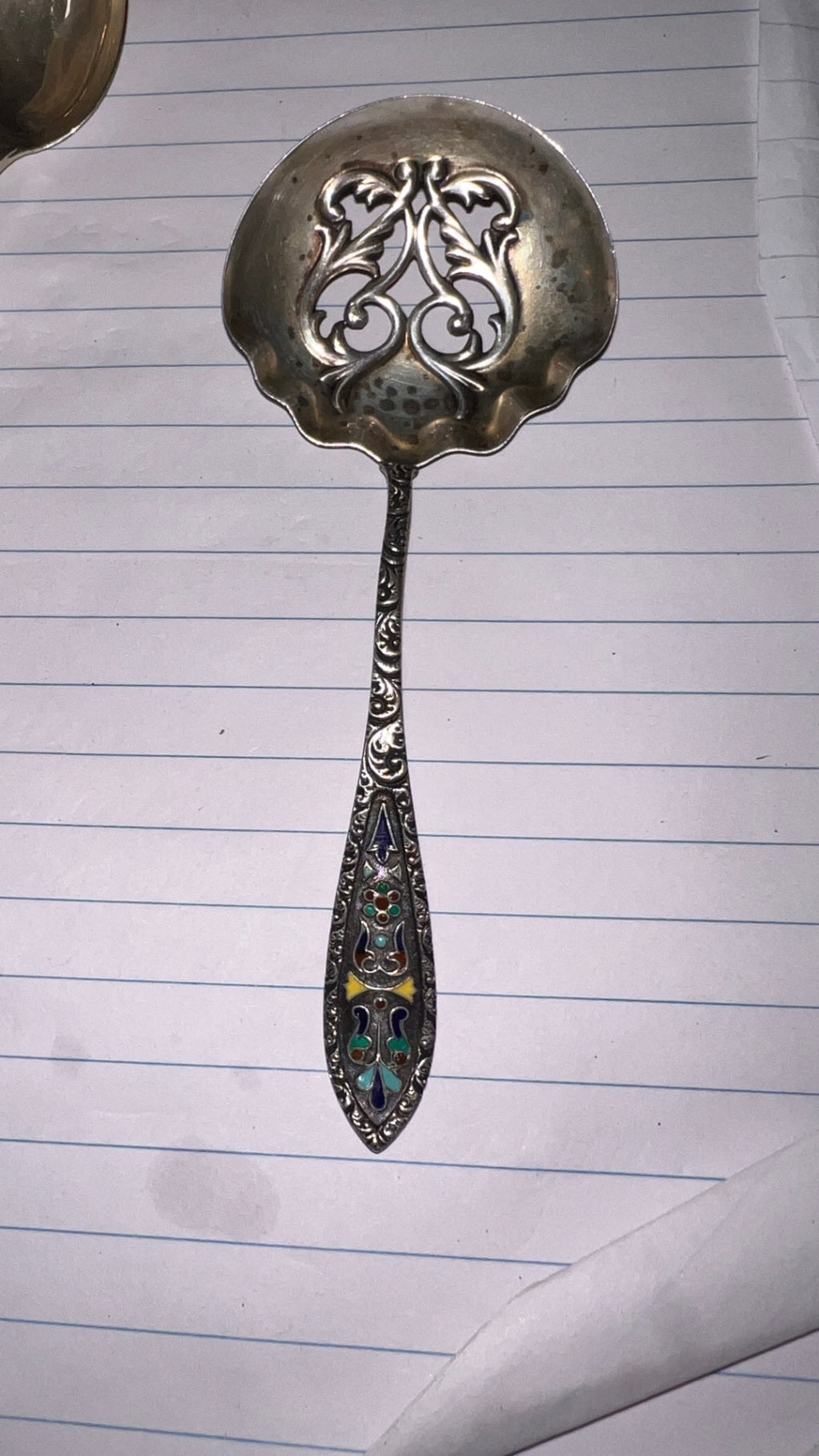 Antique Sterling Silver Bonbon Serving Spoon – Pierced Floral Bowl & Multicolor Enamel Handle