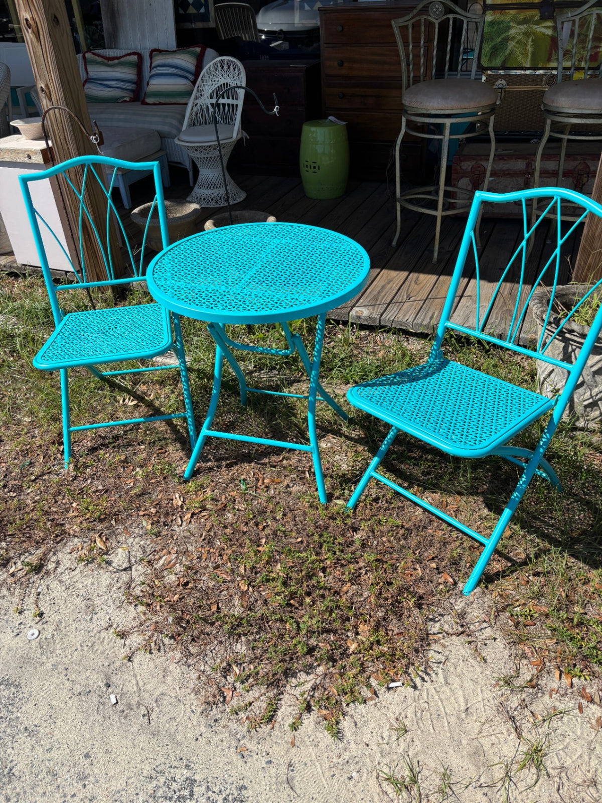 Turquoise Wrought Iron Table 2 Chairs