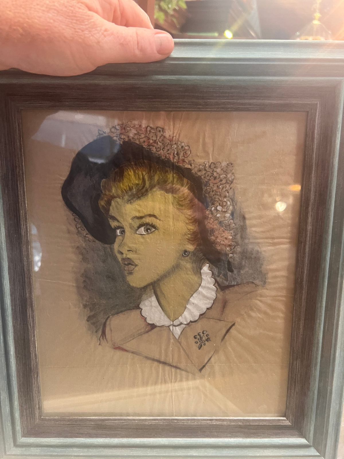 Vintage Framed Hand-Colored Woman's Portrait – 1940s Fashion Illustration Style