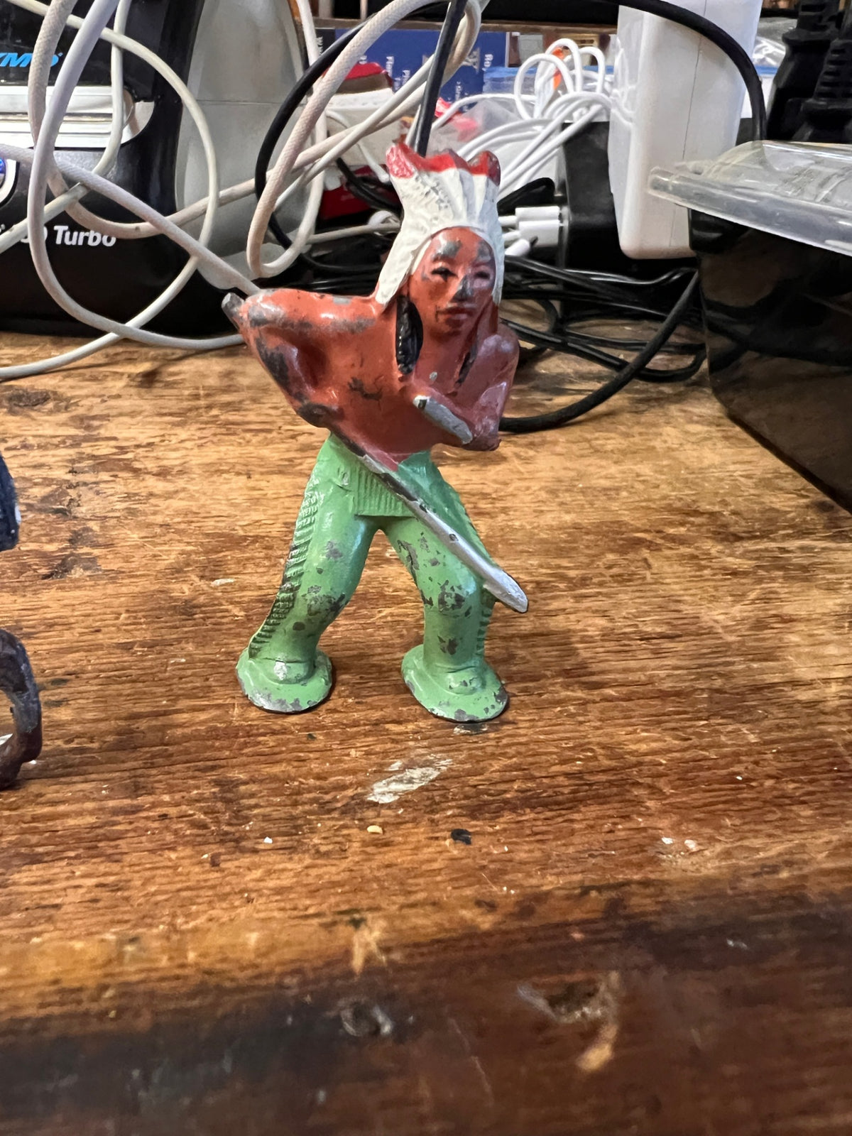 Vintage Cast Metal Native American Indian Warrior Toy Figure – Feathered Headdress – Western Frontier