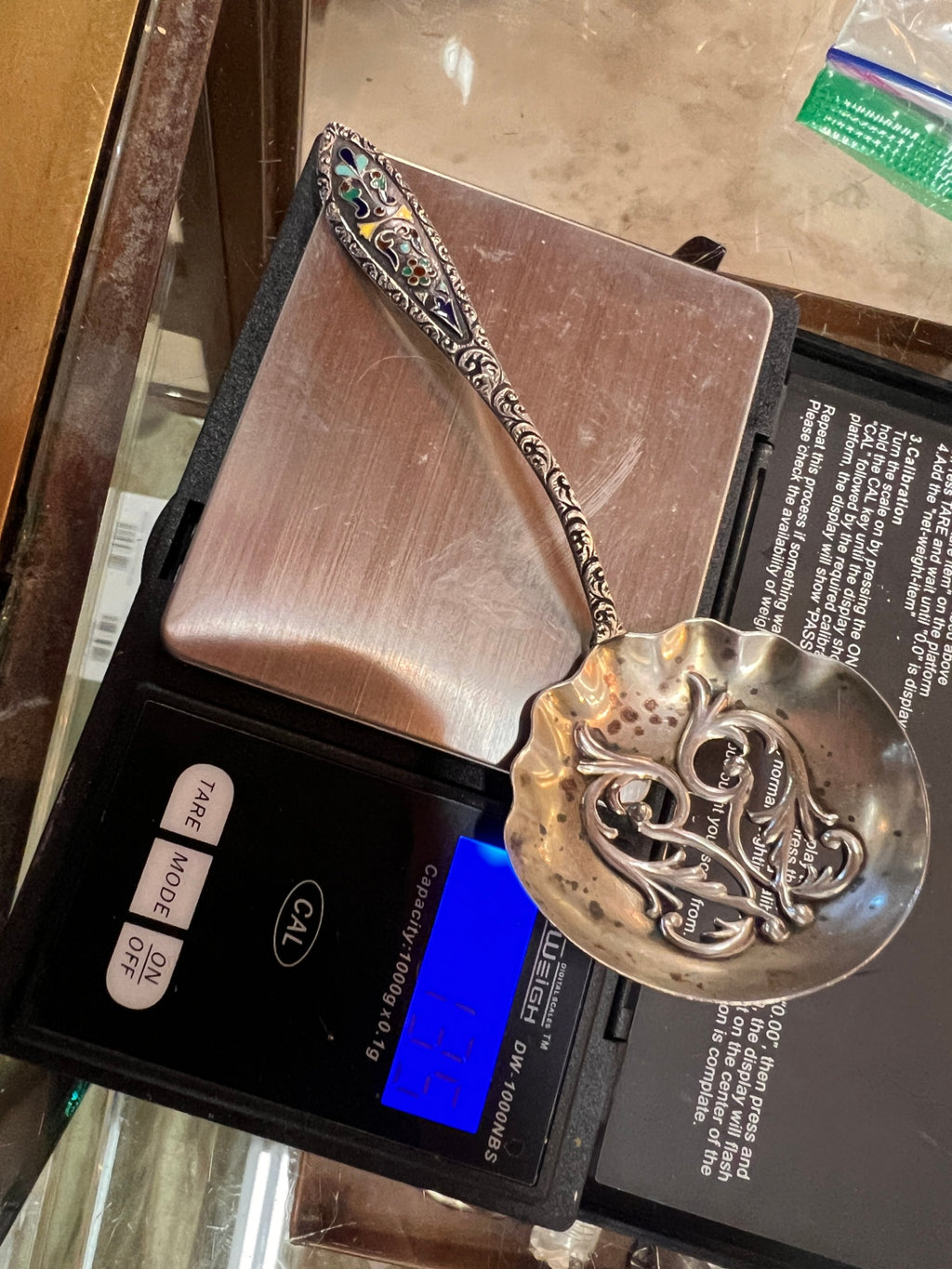 Antique Sterling Silver Bonbon Serving Spoon – Pierced Floral Bowl & Multicolor Enamel Handle