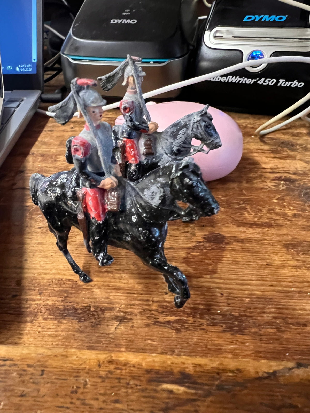 Vintage Cast Metal Mounted Cavalry Toy Soldiers on Black Horses – Set of 2