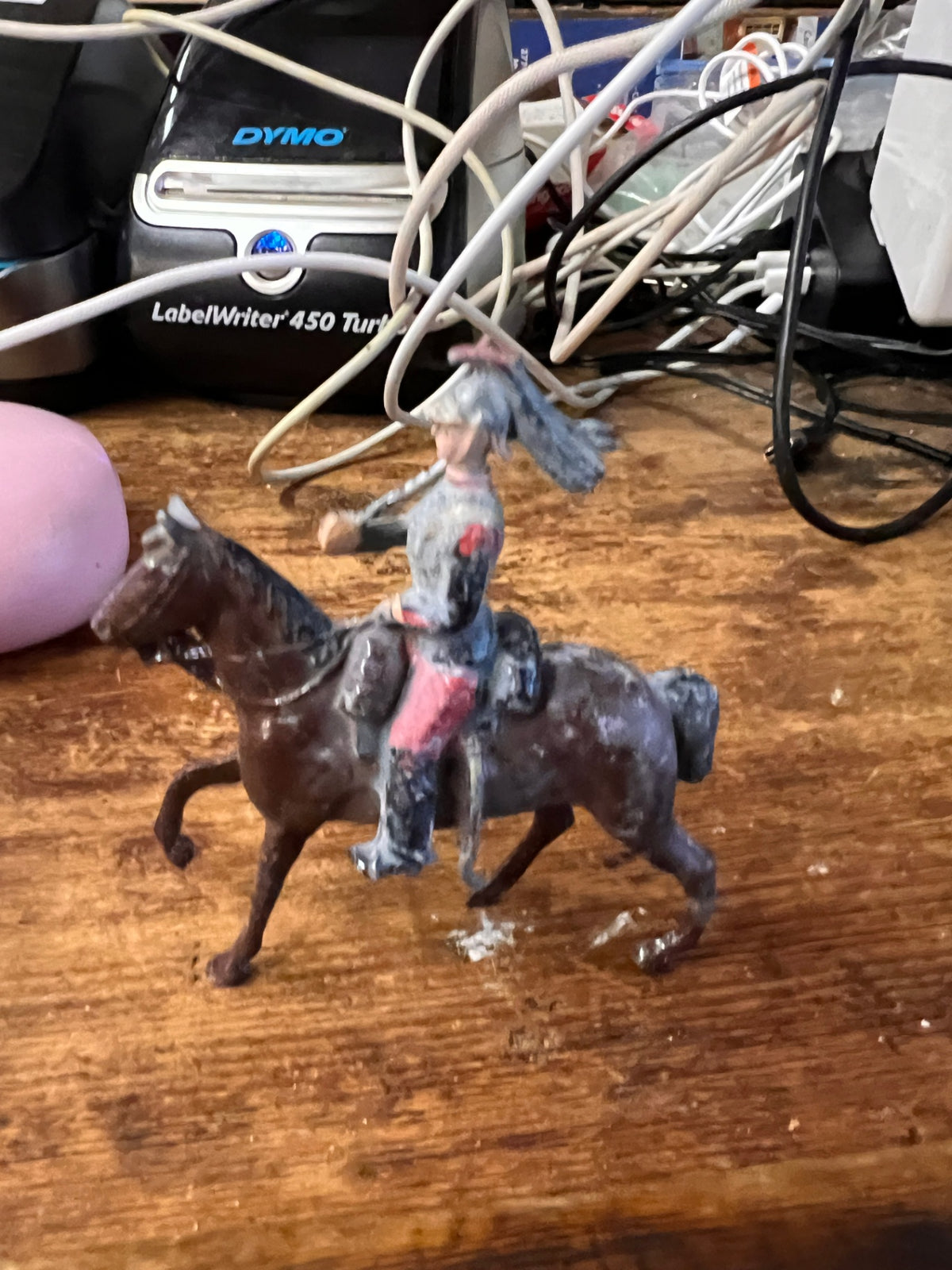 Vintage Cast Metal Mounted Cavalry Toy Soldier on Brown Horse – Military Miniature