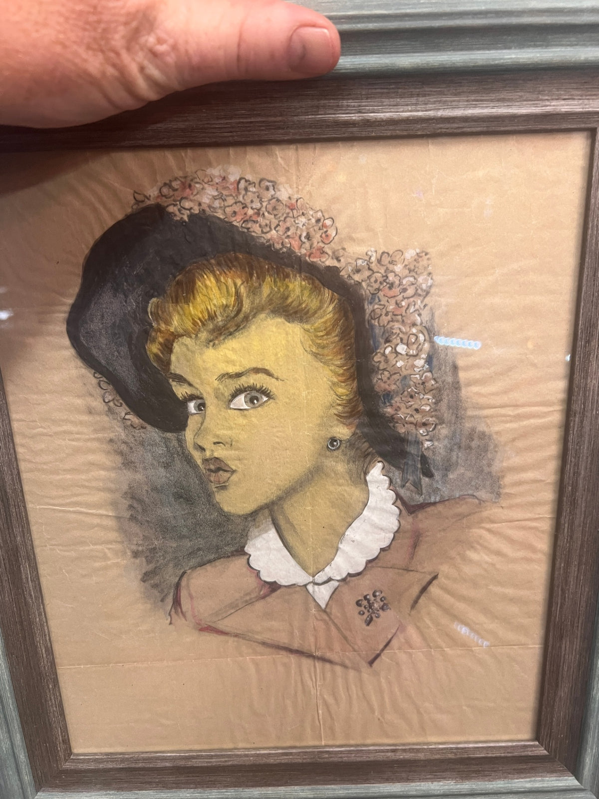 Vintage Framed Hand-Colored Woman's Portrait – 1940s Fashion Illustration Style