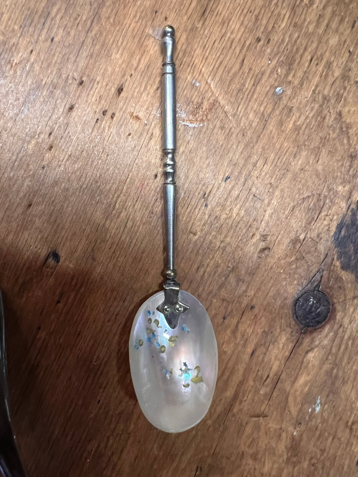 Antique Mother of Pearl Serving Spoon with Floral Inlay & Ornate Metal Handle