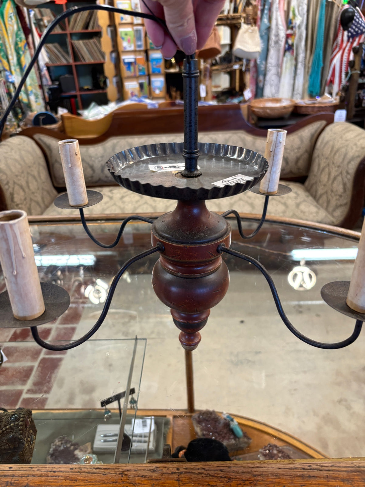 LT. Moses Willard 4-arm wood and tin chandelier 