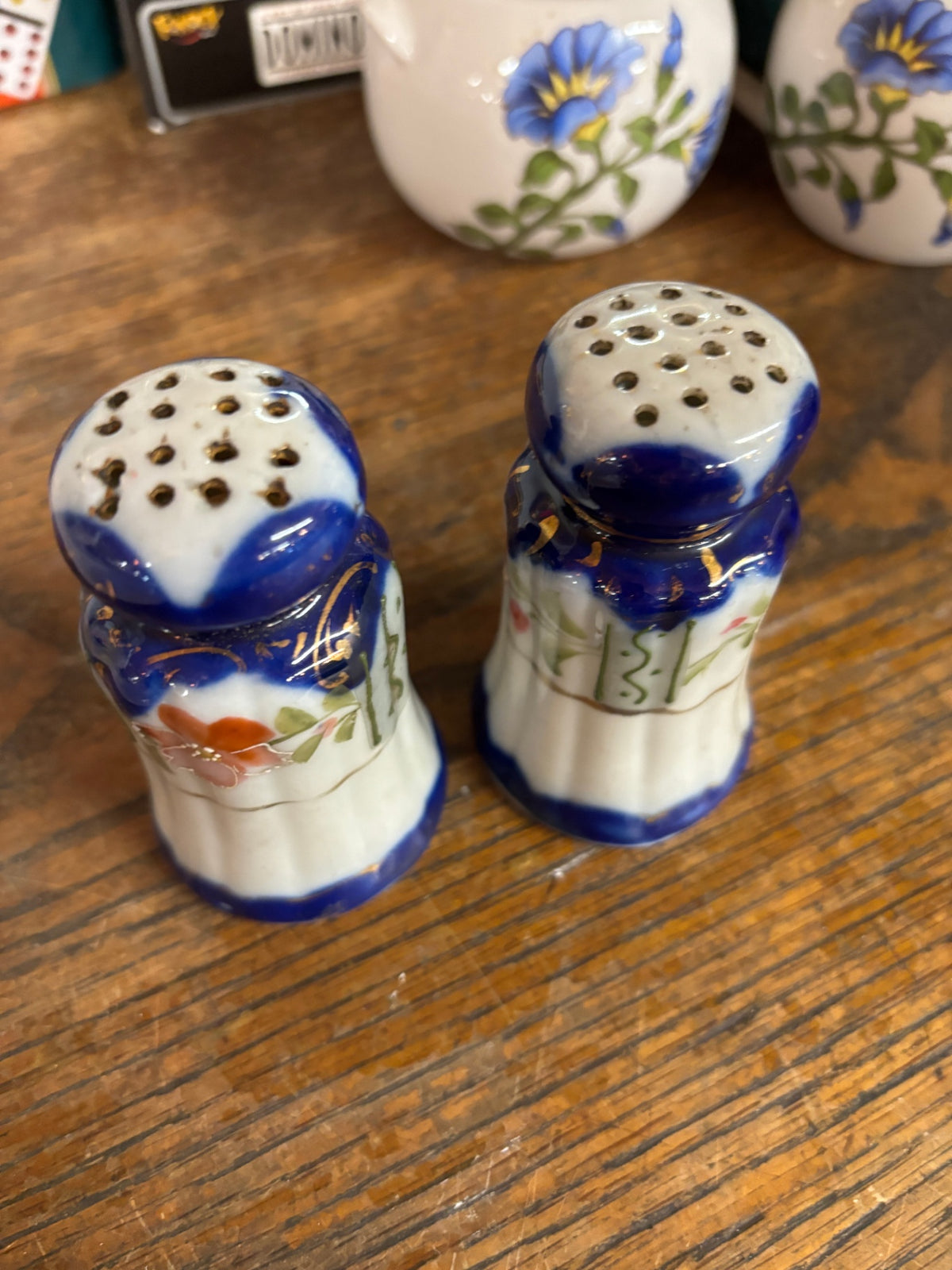 Antique Nippon Style Hand-Painted Porcelain Cobalt Blue and White Salt & Pepper Shakers