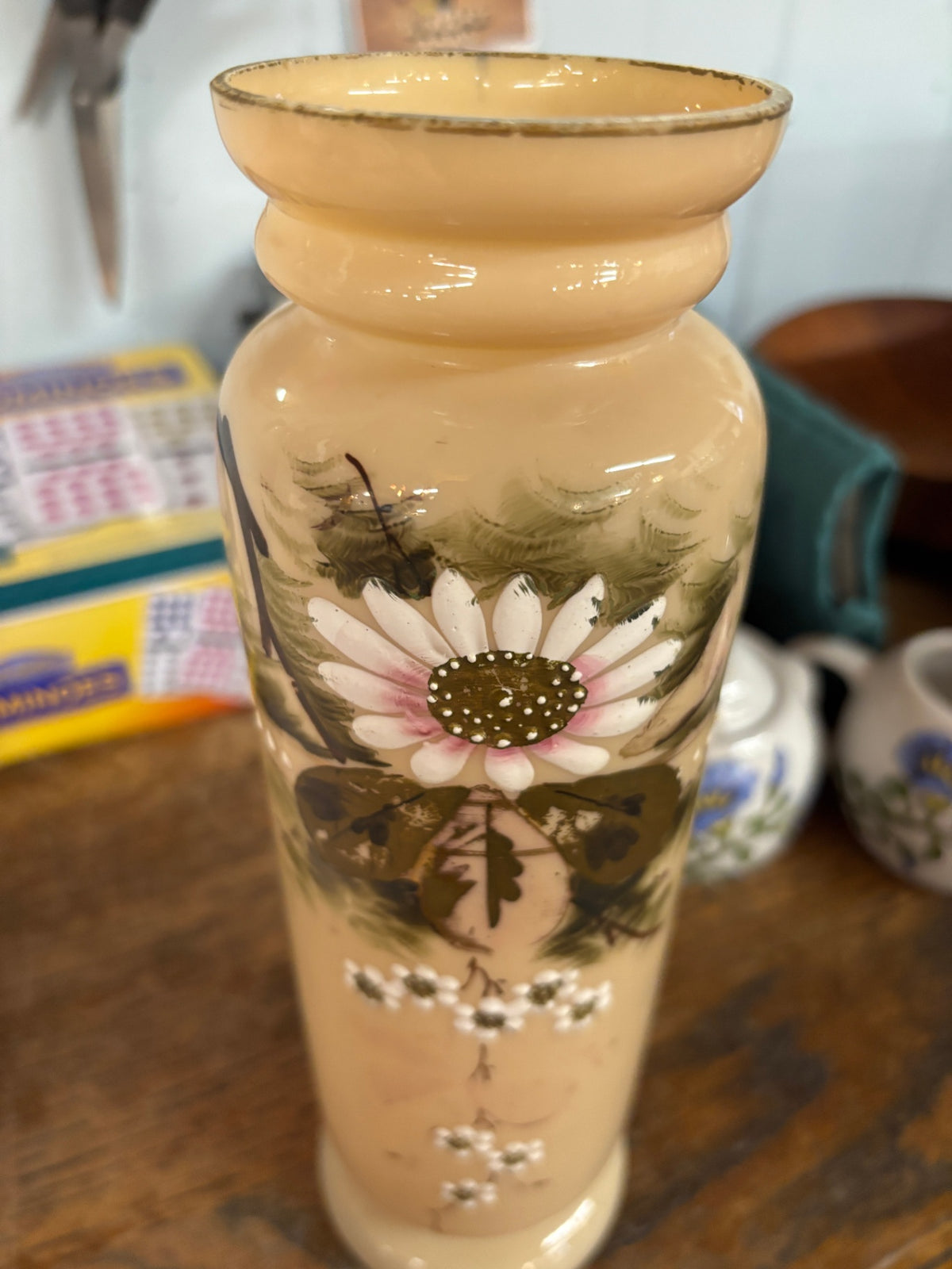 Vintage Hand-Painted Peach Opaline Glass Vase with White Daisy Floral Desig