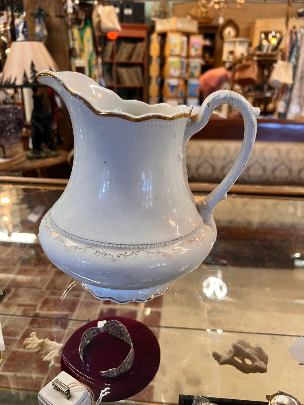 Antique Victorian English White China Wash Pitcher – Gold Gilt Scalloped Ewer, Circa 1900