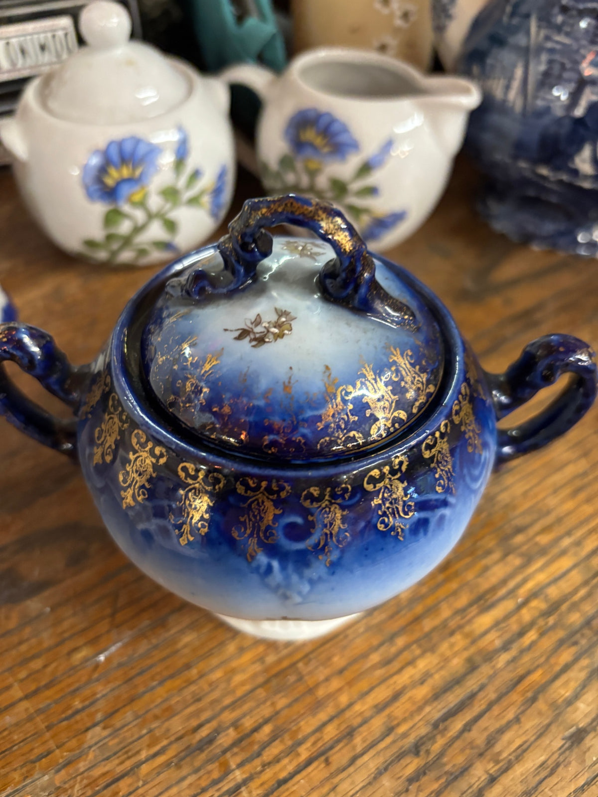 Vintage Cobalt Blue & Gold Gilt Porcelain Covered Sugar Bowl – Ornate Double Handles