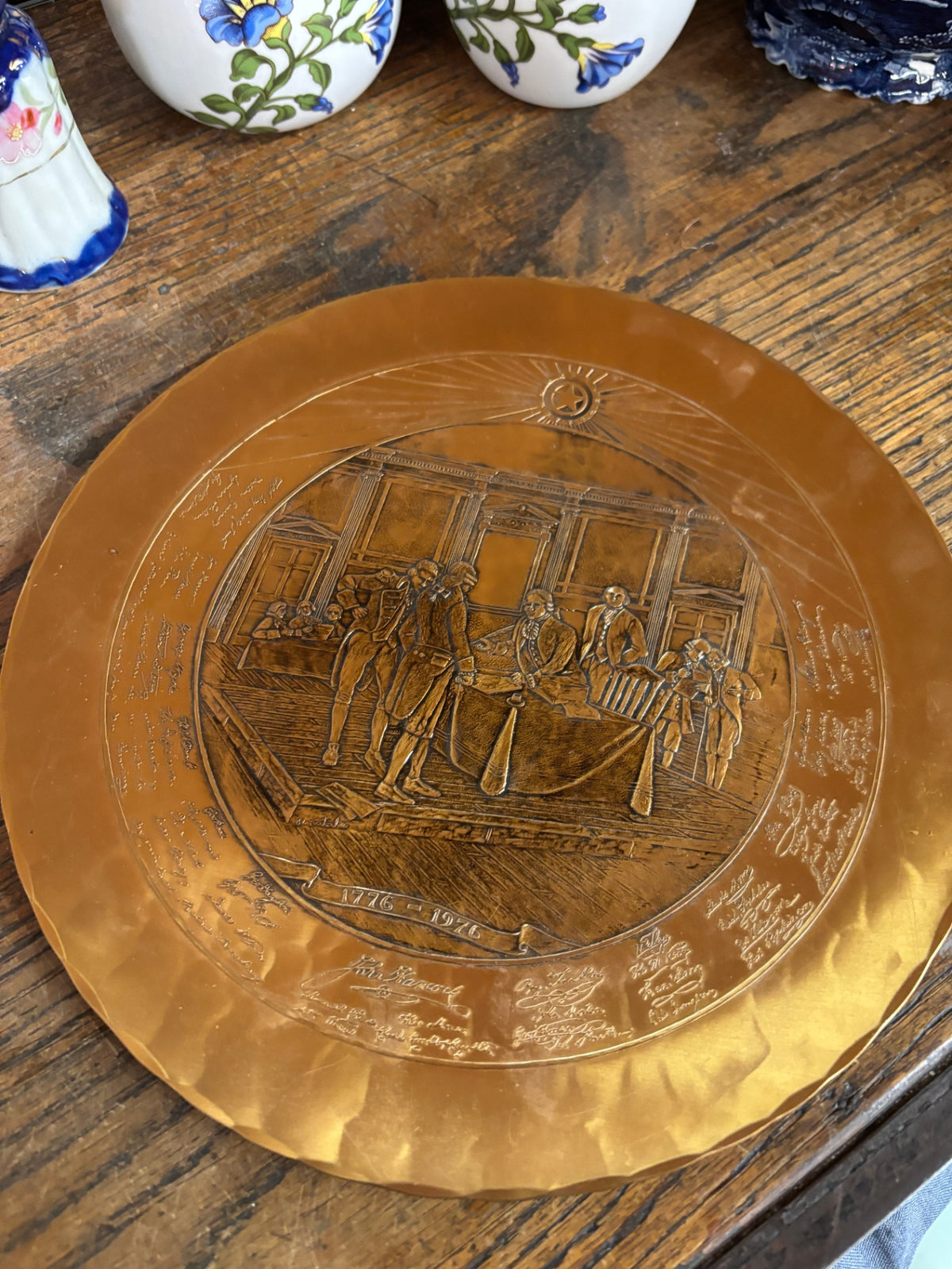 Vintage 1976 American Bicentennial Copper-Tone Commemorative Plate – Signing of the Declaration of Independence