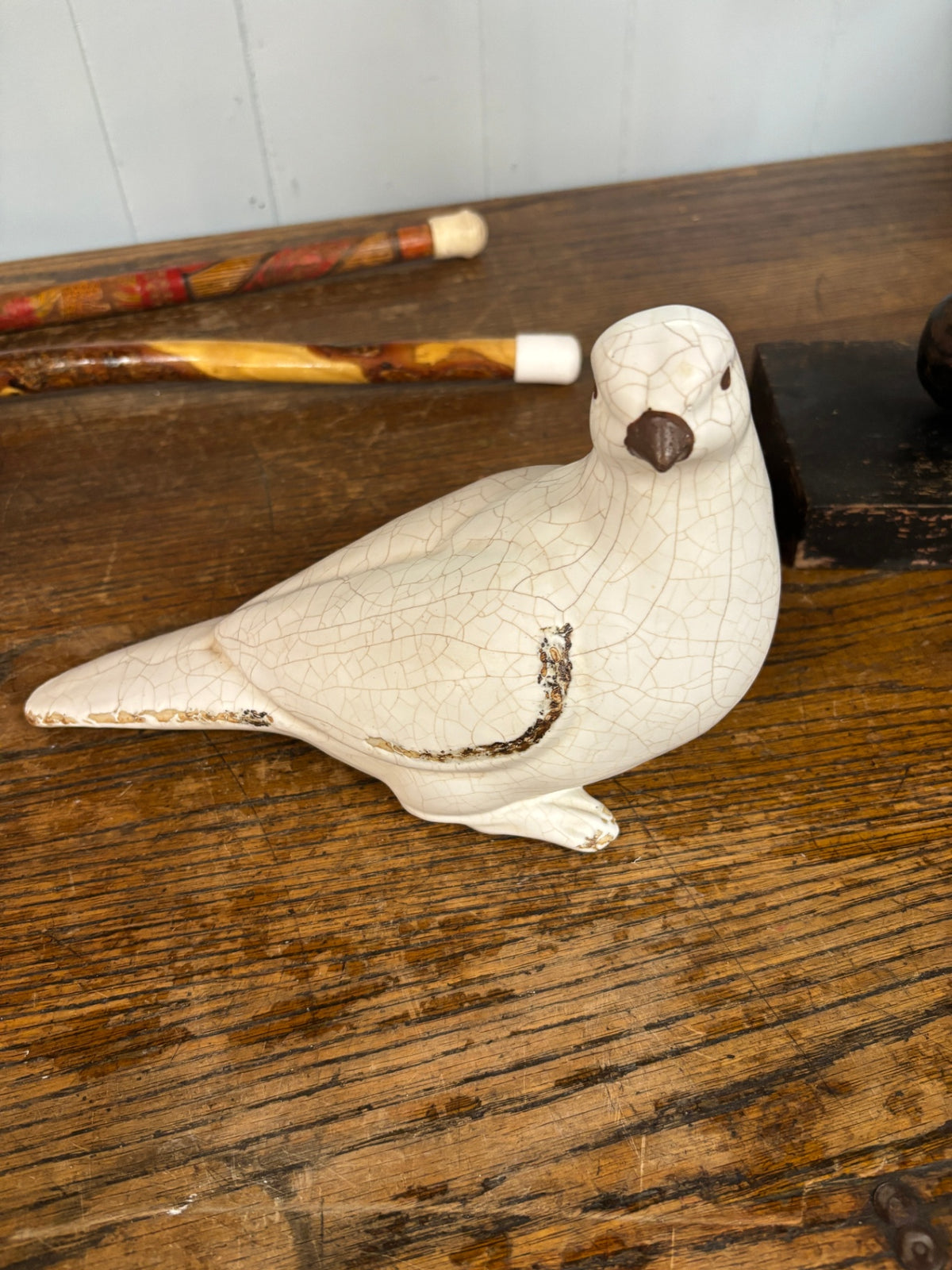 Crackle Glazed Ceramic Chubby Bird Figurine Cream Beige Rustic