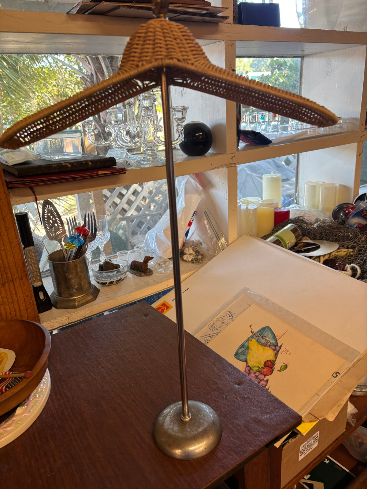 Vintage Wicker & Metal T-Bar Jewelry Display Stand – Countertop Necklace Organizer