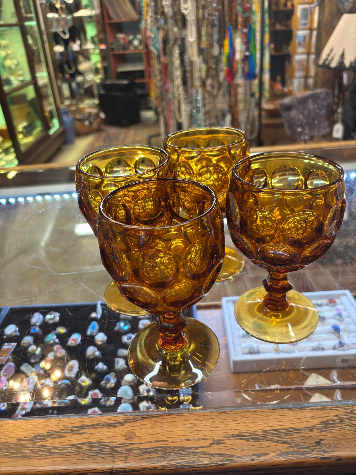 Vintage Amber Glass Goblets Set of 4 Textured Pattern