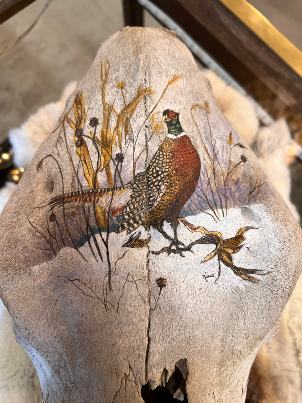 Original Signed Hand-Painted Horse Skull with Ring-Necked Pheasant Wildlife Art