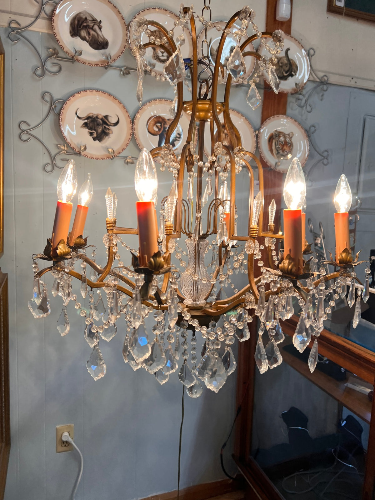 French Louis XV-style brass and faceted crystal chandelier