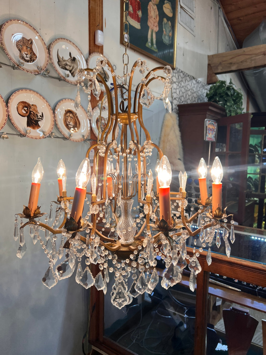 French Louis XV-style brass and faceted crystal chandelier