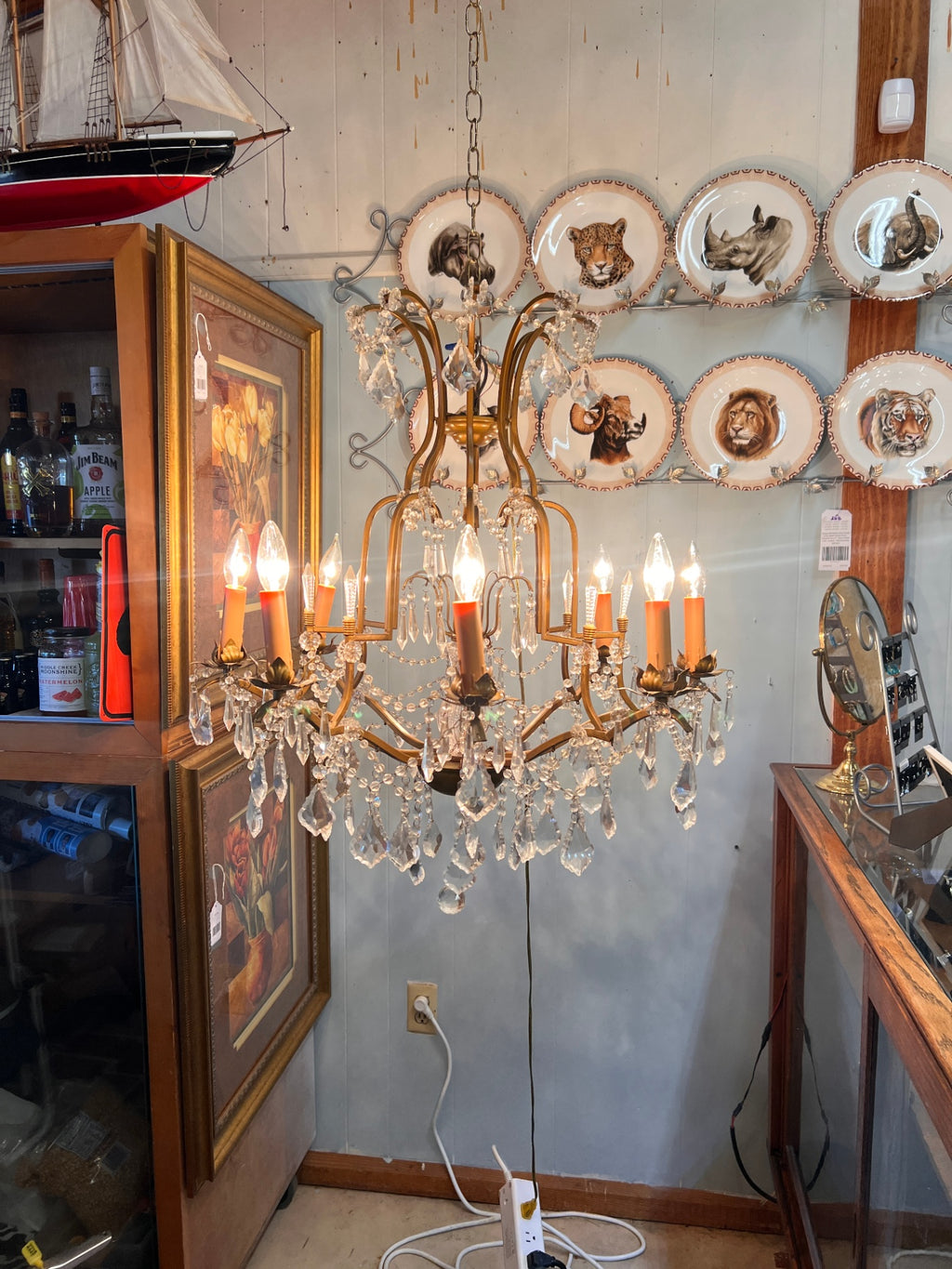 French Louis XV-style brass and faceted crystal chandelier