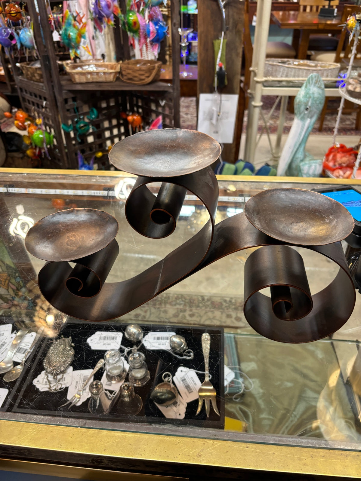 Vintage Wrought Iron Scrollwork Triple Pillar Candle Holder – Rustic Bronze Finish
