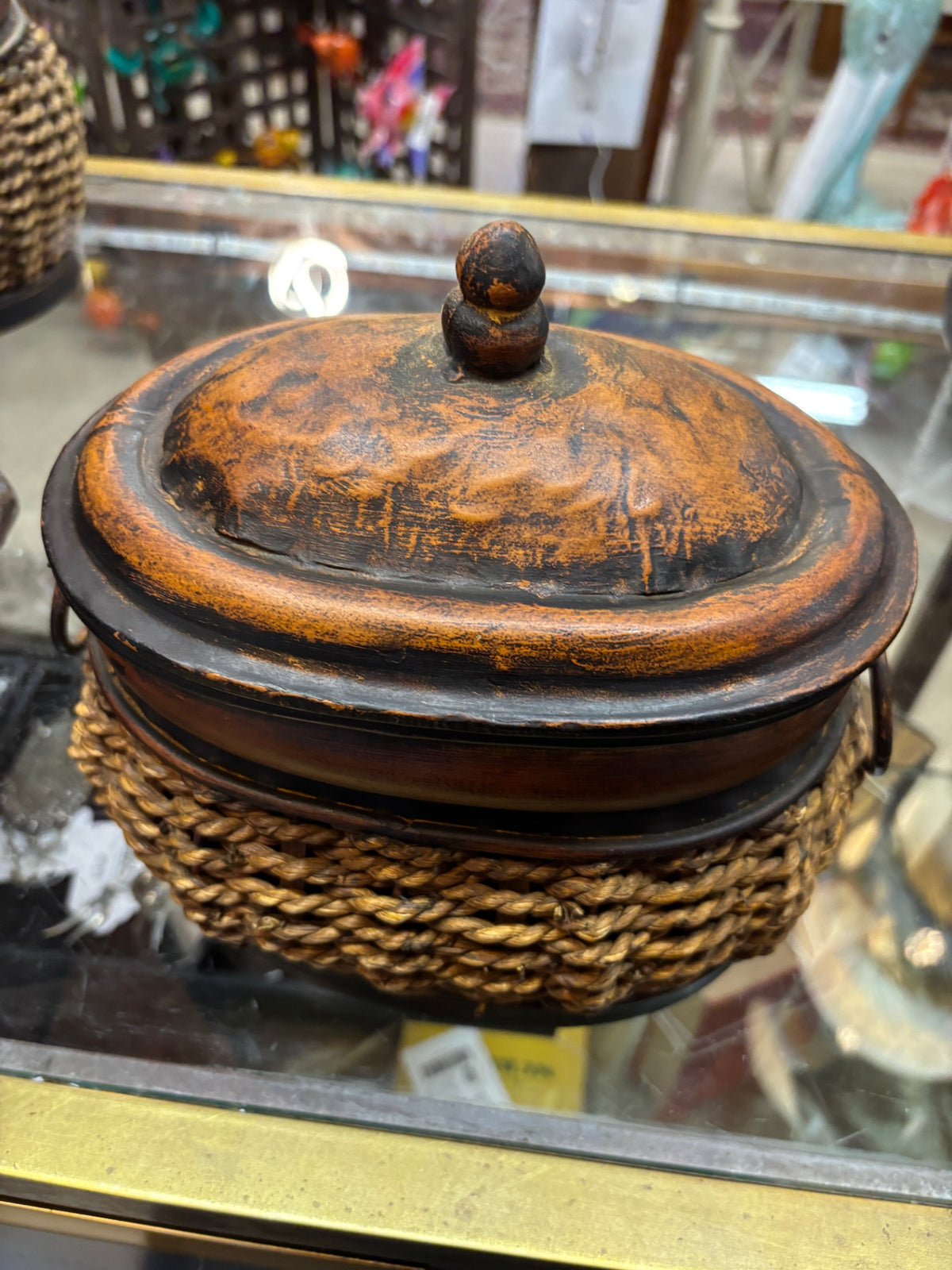 Vintage Style Woven Basket & Metal Lidded Storage Container