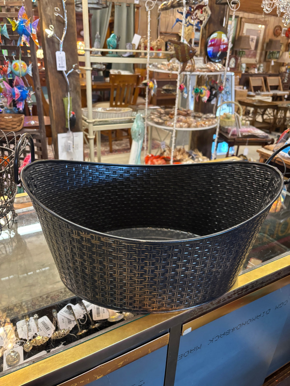 Black Woven Basket-Weave Metal Oval Storage Tub with Handles