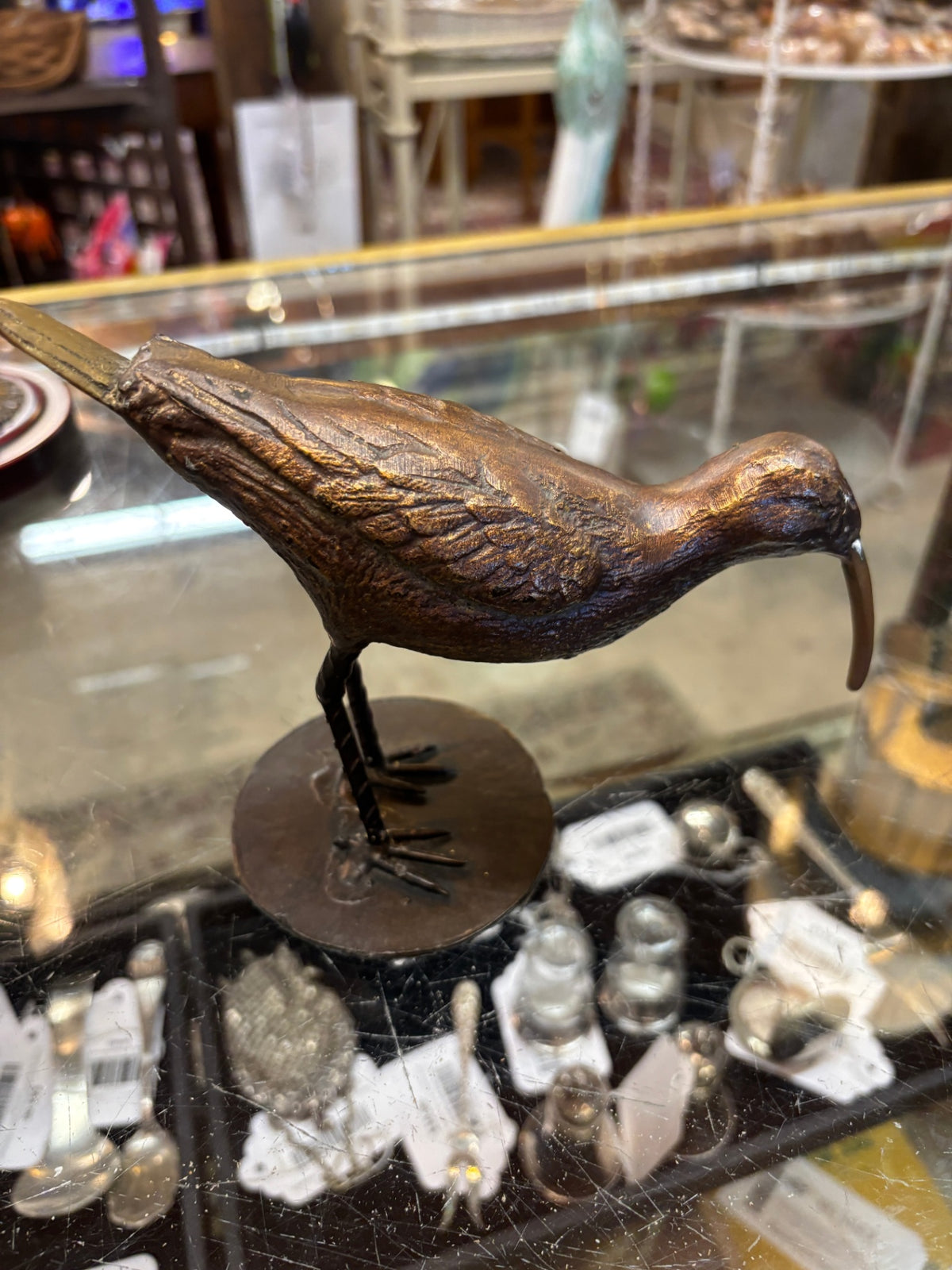Bronze Finish Long-Billed Shorebird Sculpture on Round Base