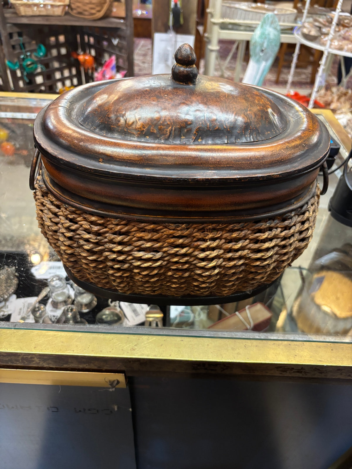 Vintage Style Woven Basket & Metal Lidded Storage Container