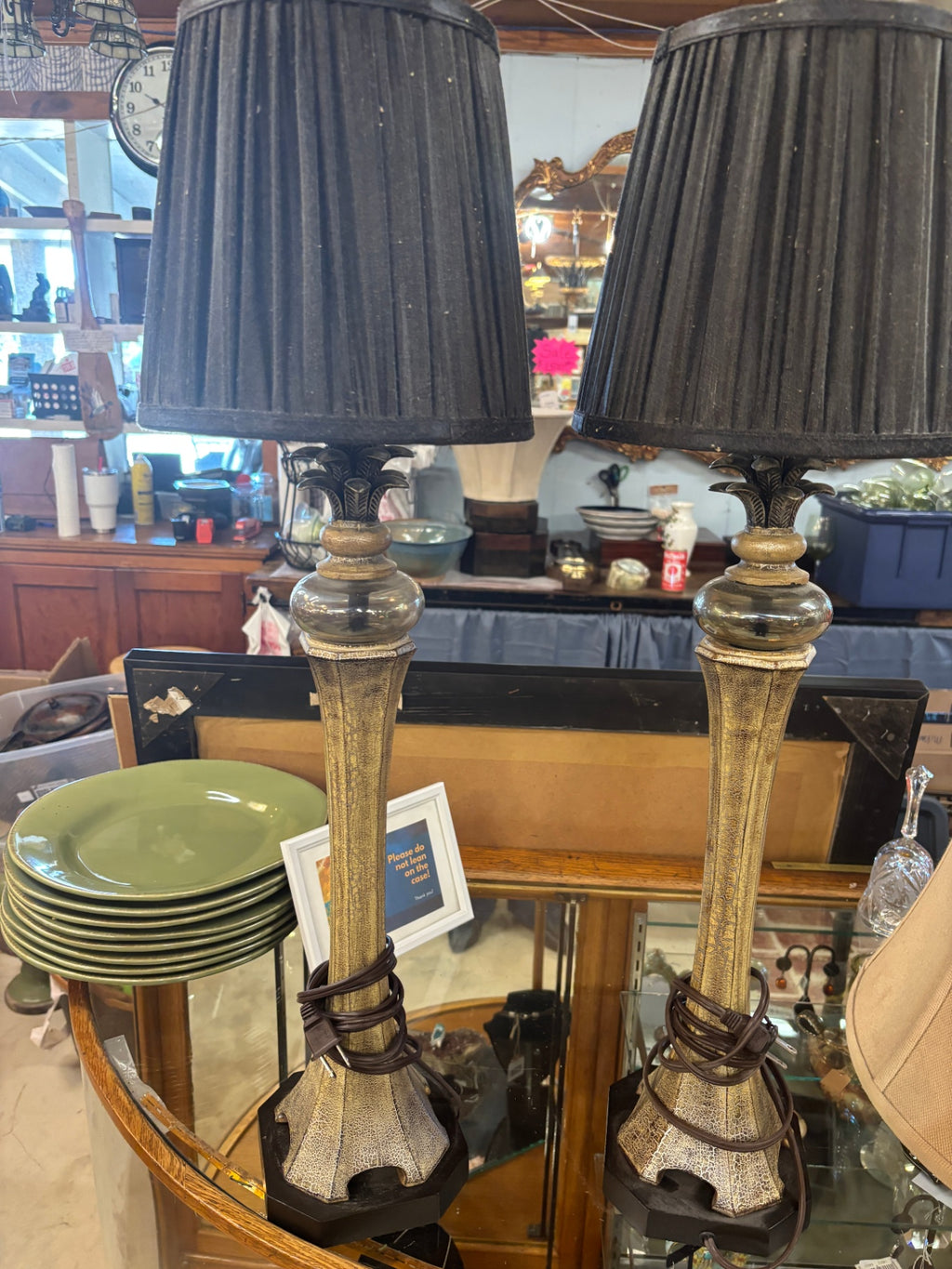 Pair of Hollywood Regency Gold & Black Palm Leaf Table Lamps