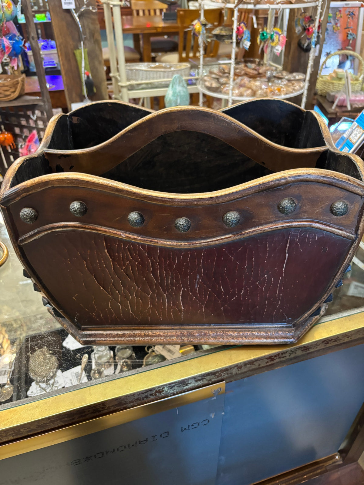 Vintage Style Wood and Faux Leather Magazine Holder with Metal Studs