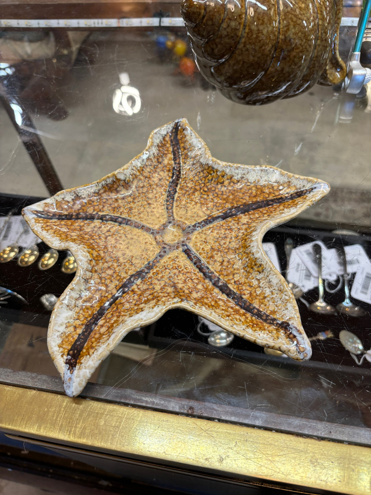 VTG EARTHTONE GLAZED CERAMIC NAUTICAL SEA STAR DECORATIVE PLATE TRAY