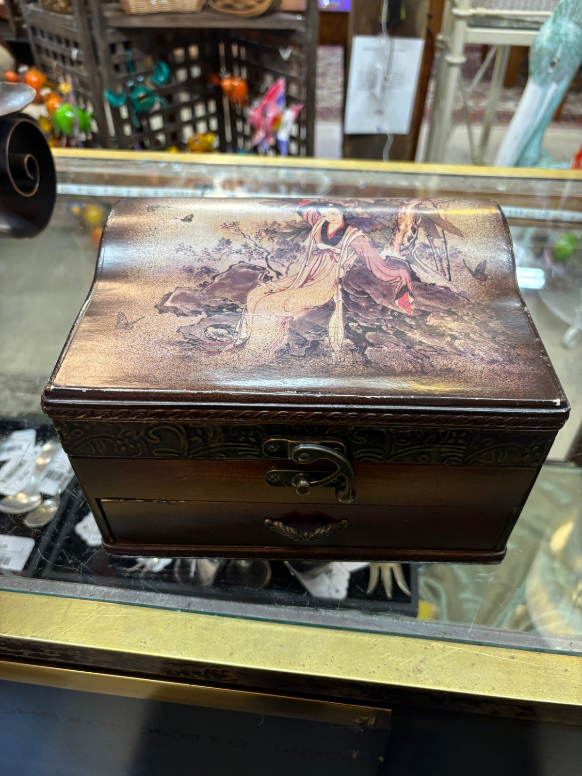 Asian-Inspired Wooden Jewelry Box with Drawer