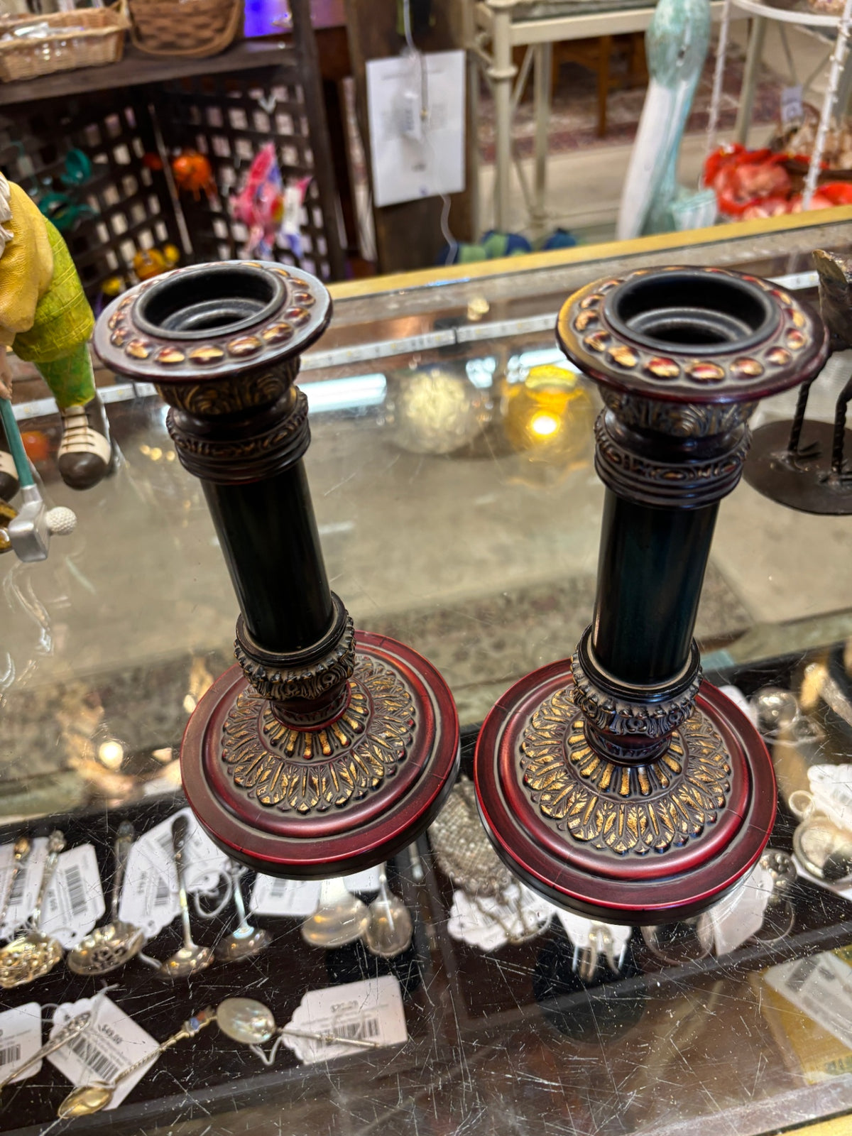 8" Tall Metal Candle Holder Red,Green and Gold Pair