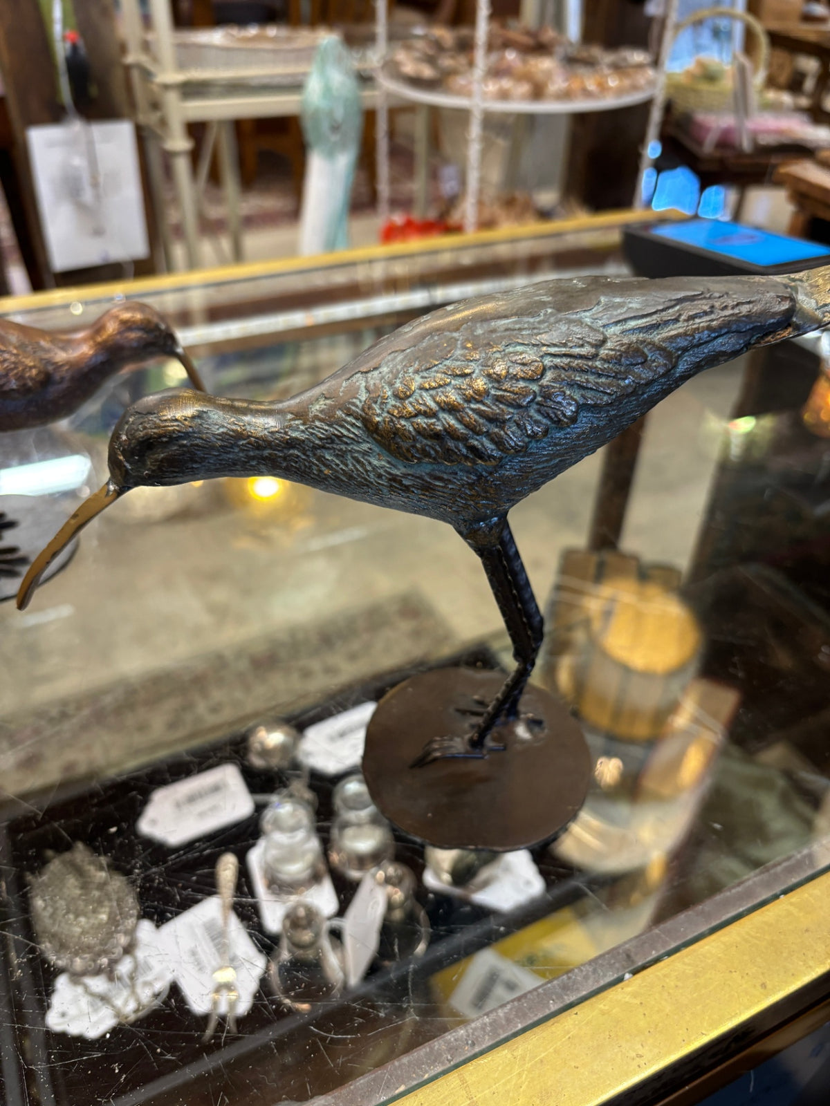 Vintage Bronze-Tone Curlew Shorebird Sculpture on Round Base