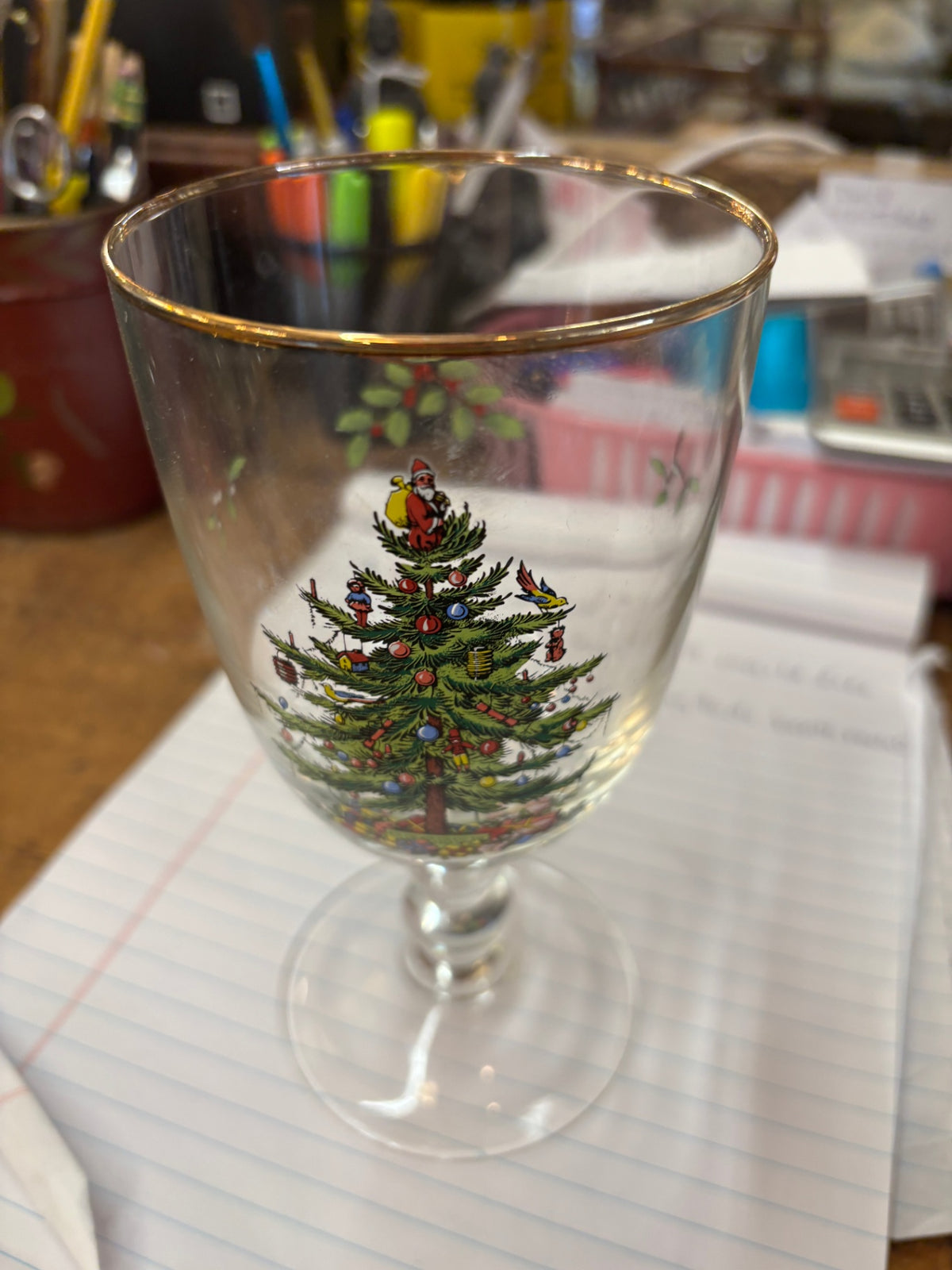 SPODE Christmas Tree 8 PEDESTAL GOBLETS GLASSES 7" Gold Rim