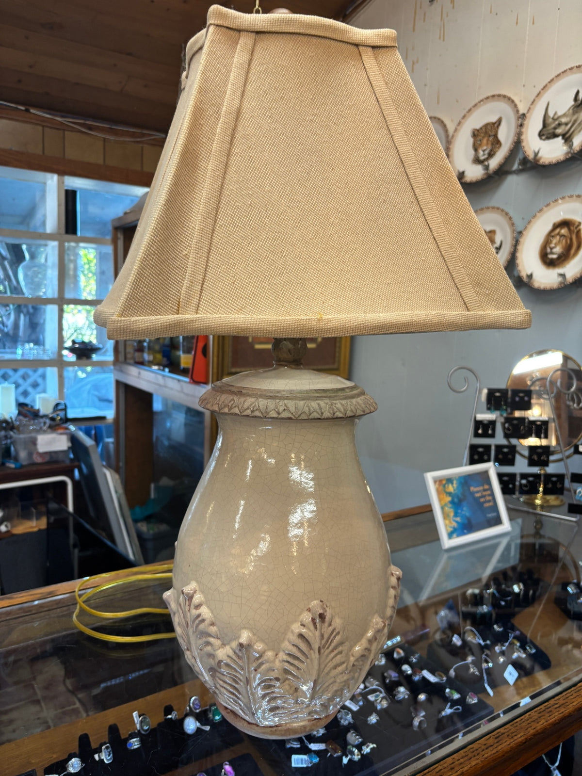 Vintage French Country Crackle Glaze Ceramic Urn Table Lamp with Leaf Relief
