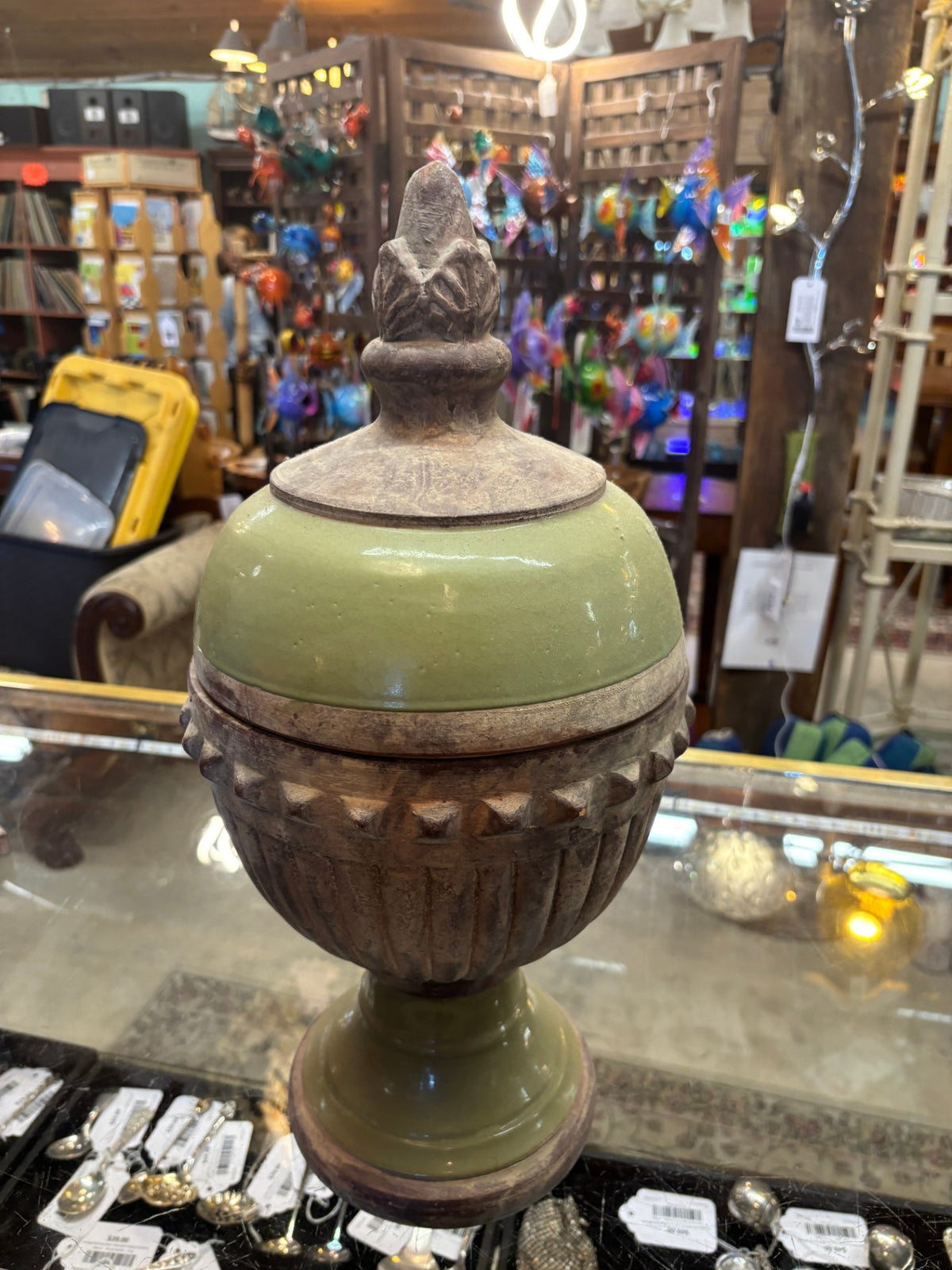 Vintage Green Glazed Terracotta Lidded Urn with Ornate Finial