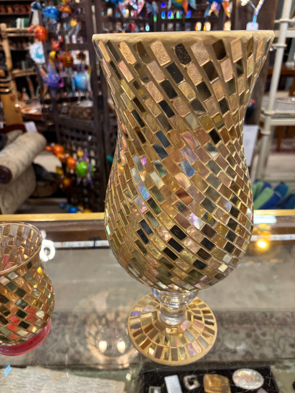 Gold Iridescent Mosaic Glass Pedestal Hurricane Vase