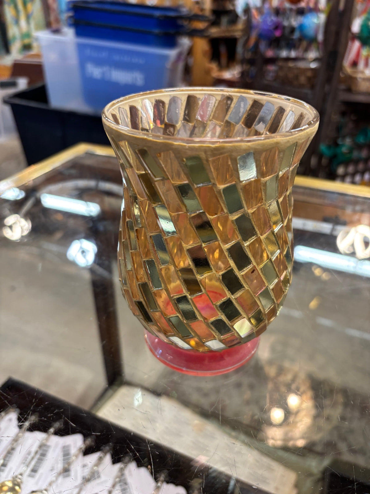 Gold & Amber Mirrored Mosaic Glass Hurricane Candle Holder